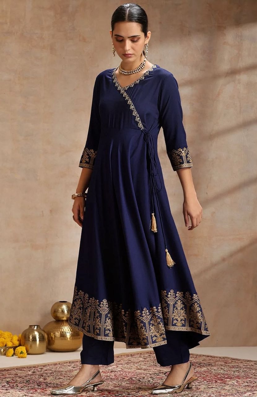 Navy Blue Anarkali Kurta Set with Zari Border Dupatta & Pants