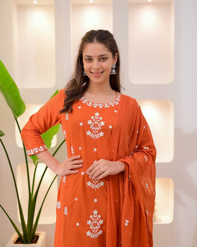 Magenta Orange Embroidered Kurta Pant Set with Dupatta