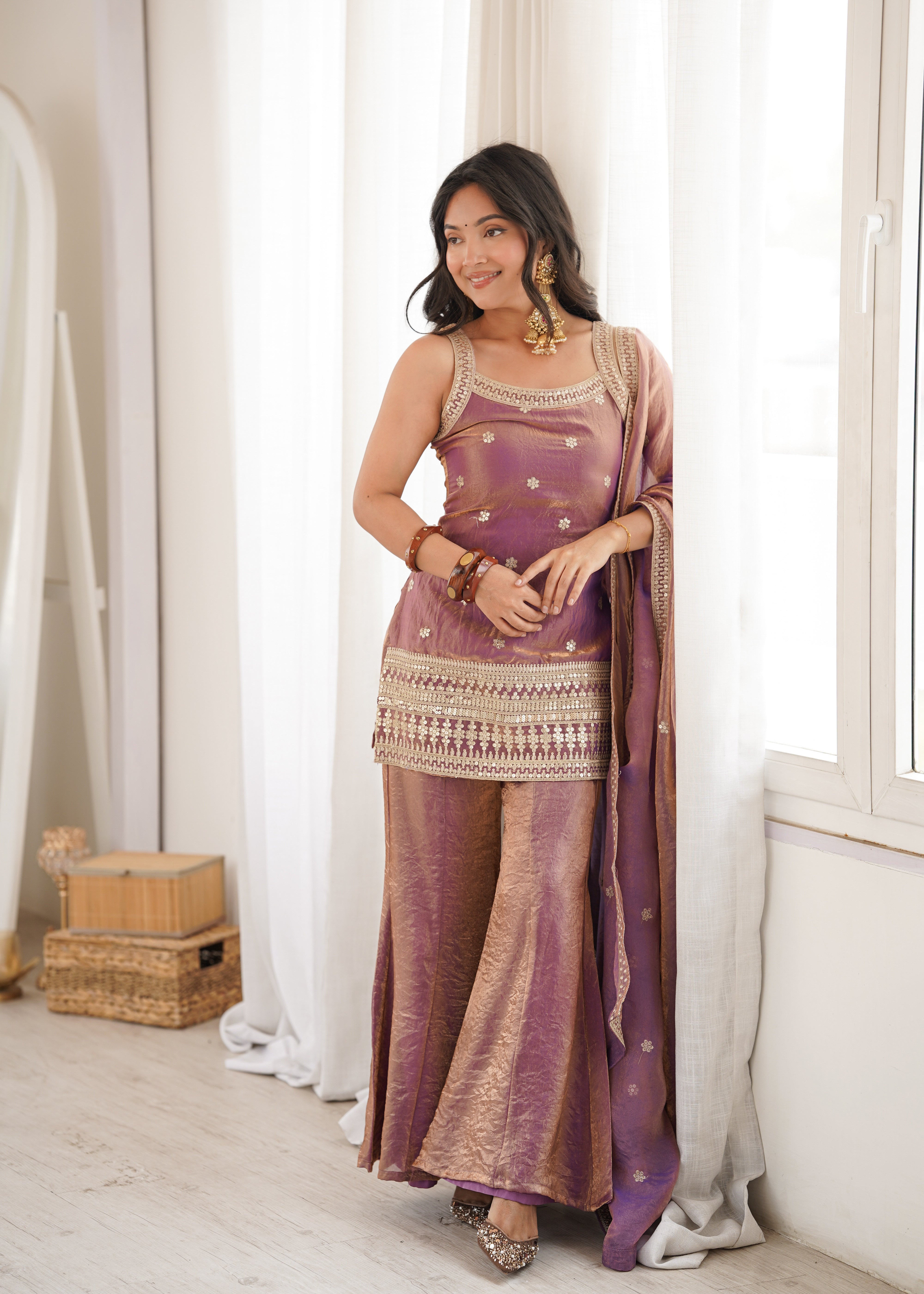 Royal Mauve Silk Embroidered Sharara Suit with Fancy Lace Border