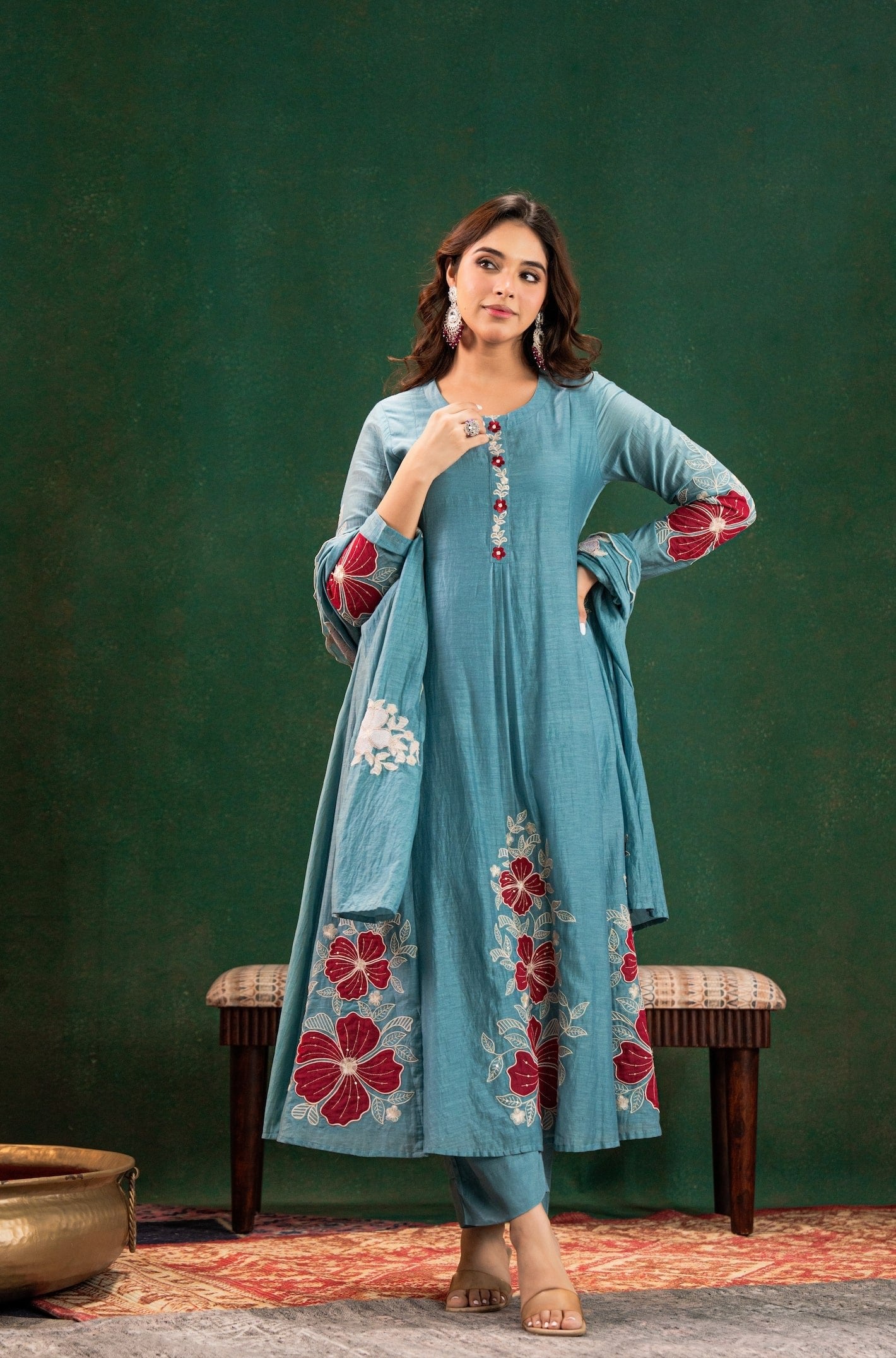 Sky Blue Cotton Silk Floral Thread Work Flared Anarkali Suit with Pants & Dupatta