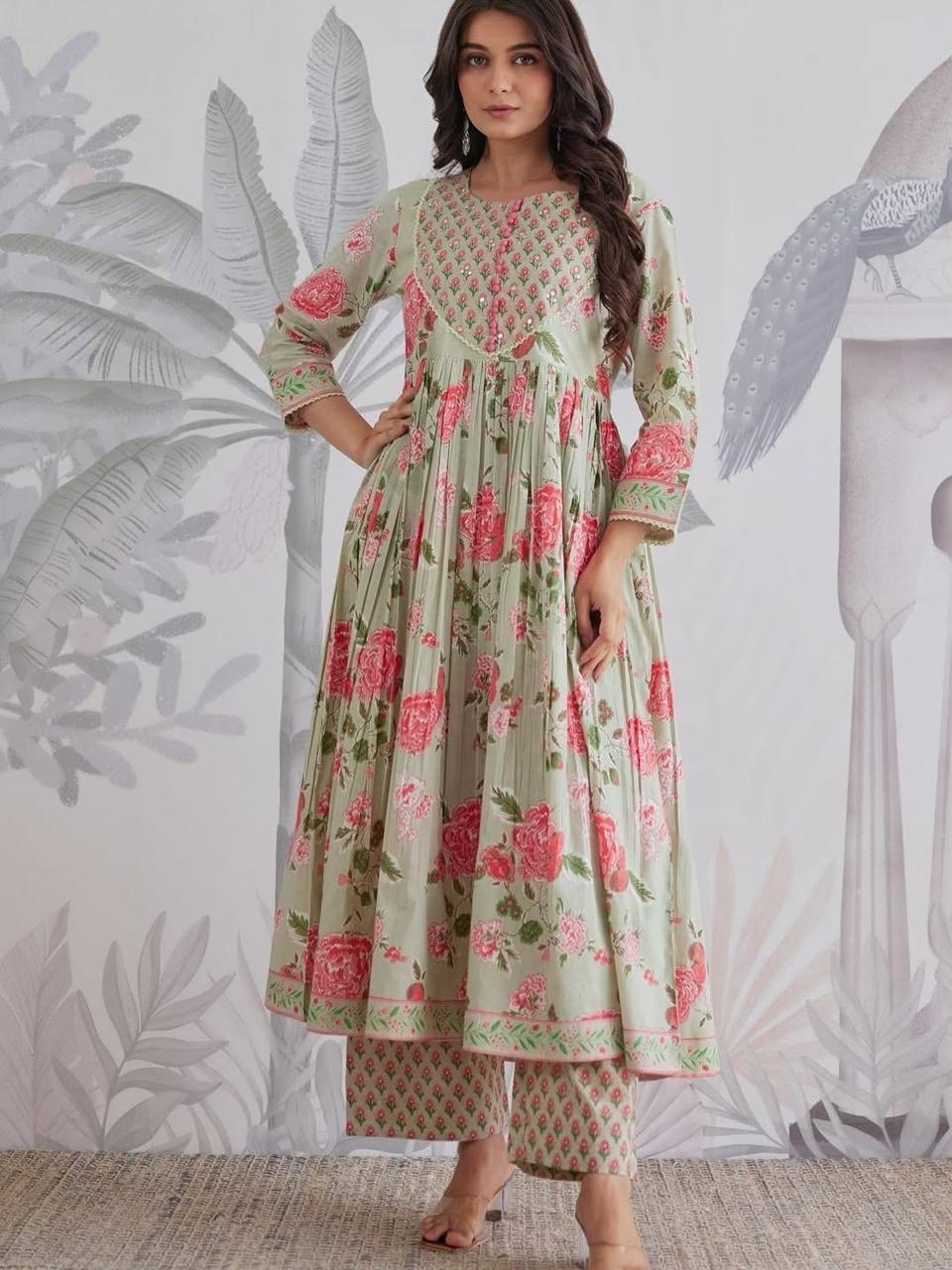 Premium Sage Green Floral Jaipuri Cotton 6060 Flared Anarkali Suit Set with Pant & Dupatta