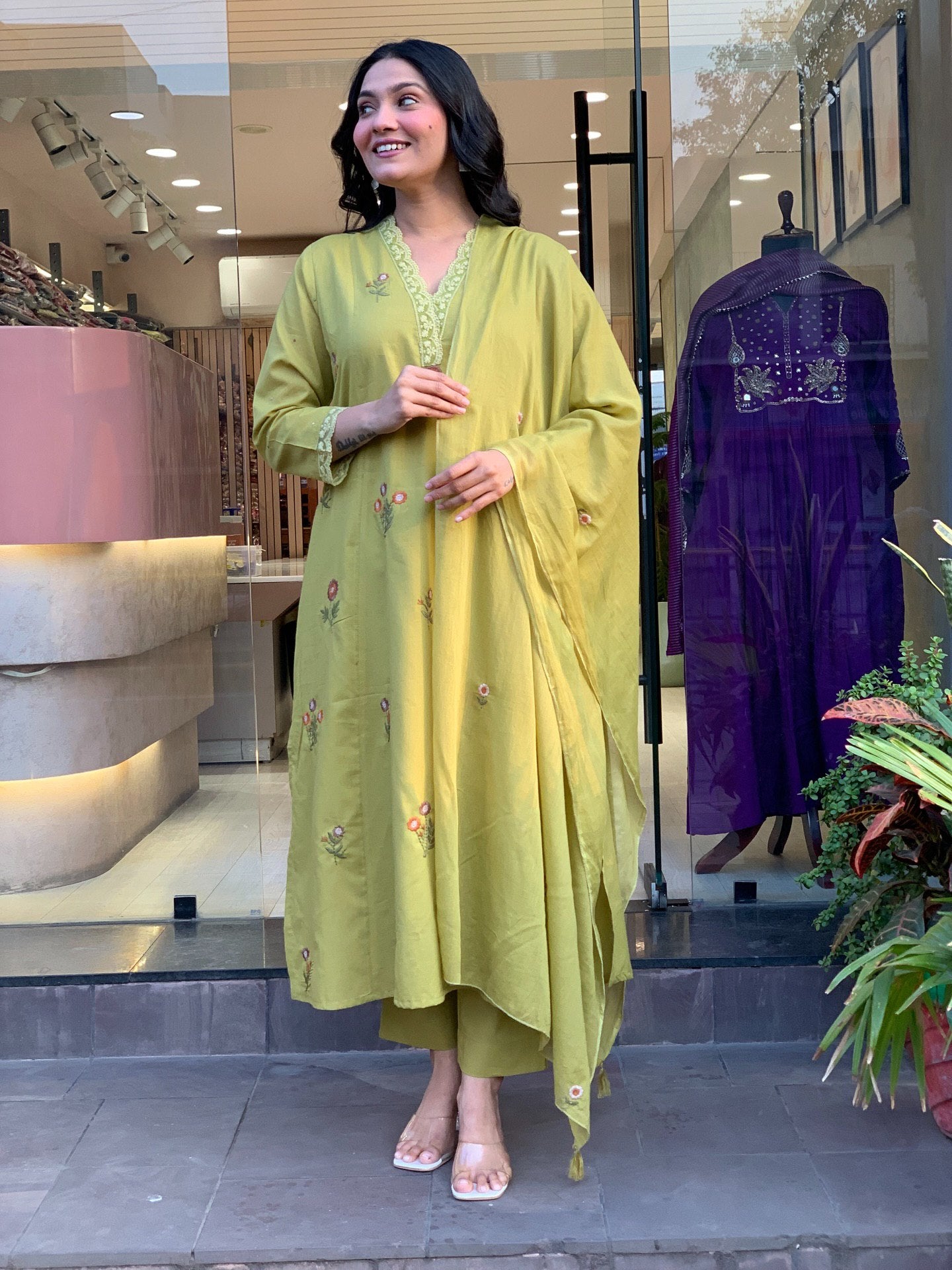 Pista Floral Embroidered Chanderi Kurta Set with Dupatta