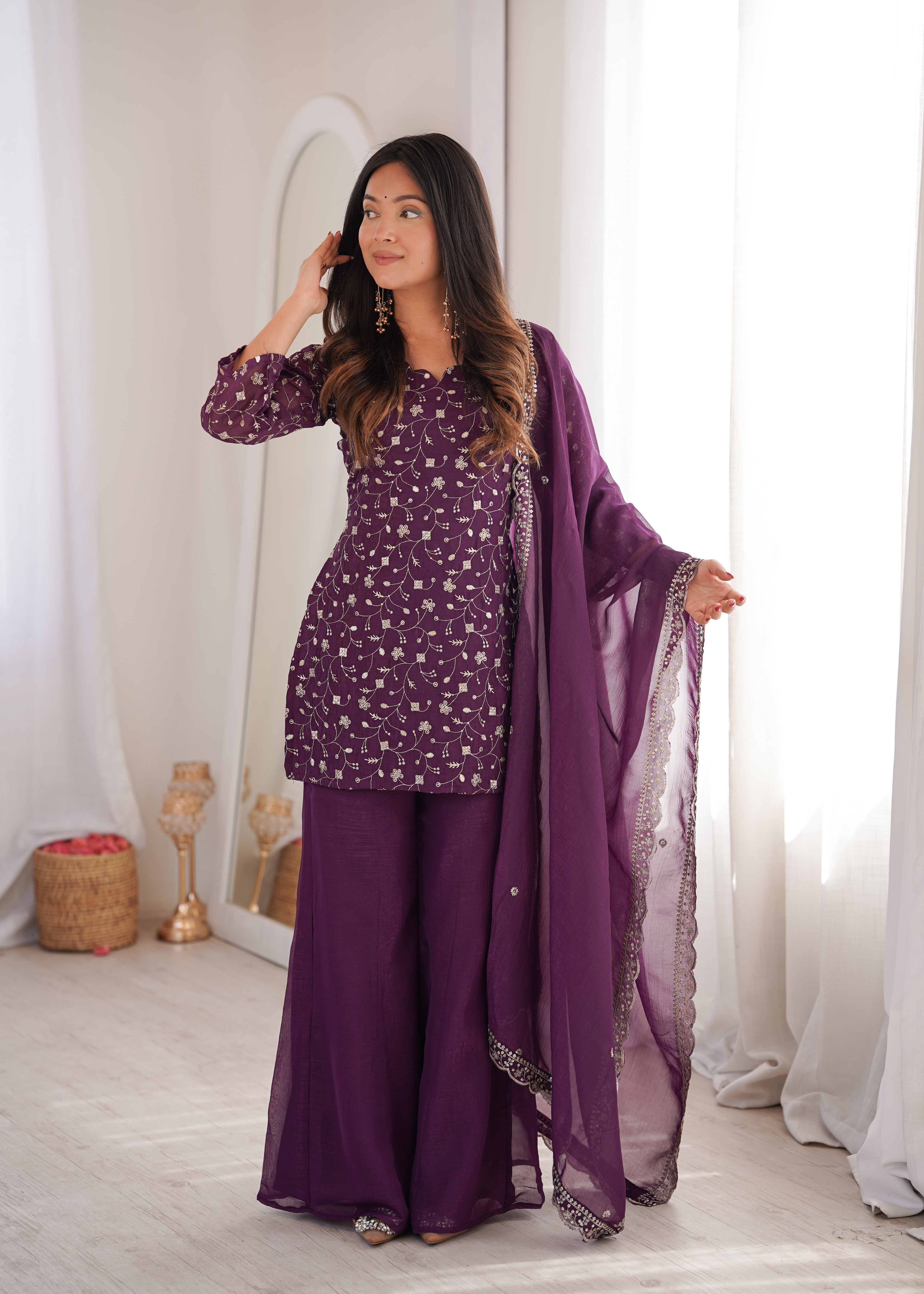 Crunchy Silk Embroidered Suit Set with Bell Bottom Pant