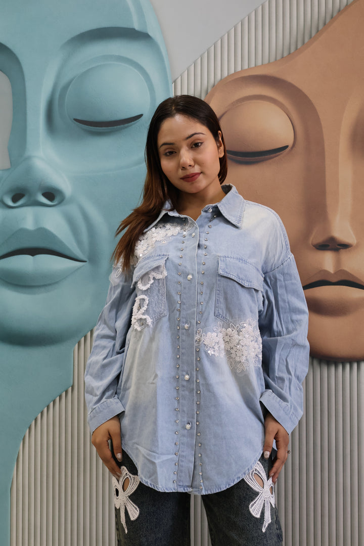 Light Blue Denim Shacket with Lace Applique & Stud Detailing | Jacket-Style Shirt