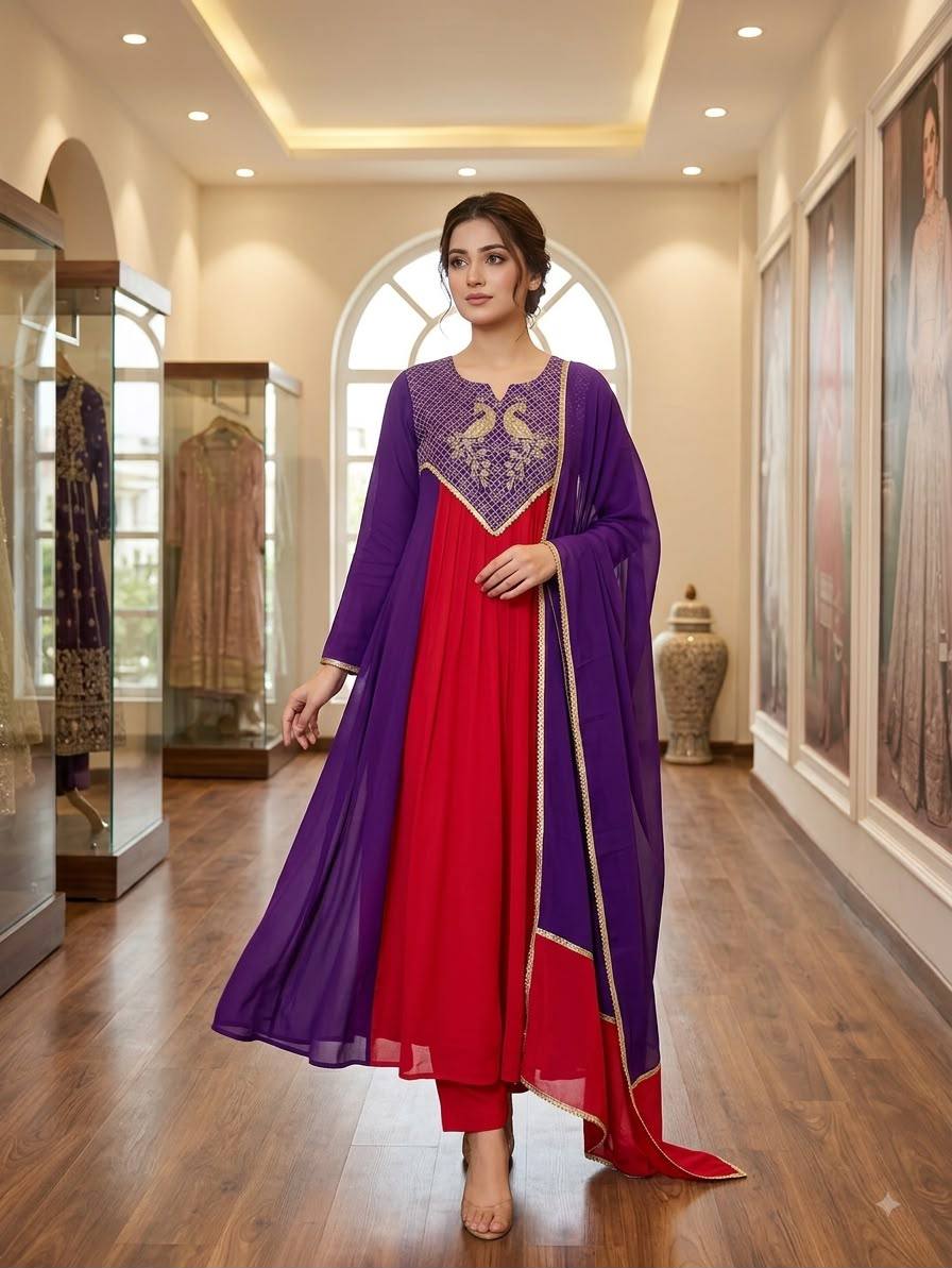 Red and Purple Embroidered Anarkali Suit Set with Dupatta