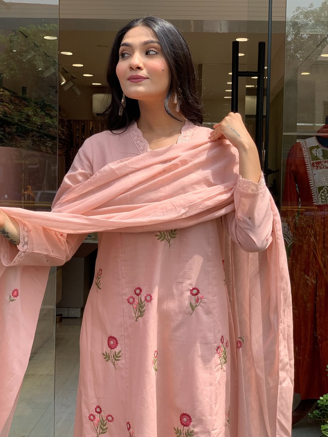 Blush Pink Floral Embroidered Chanderi Kurta Set with Dupatta