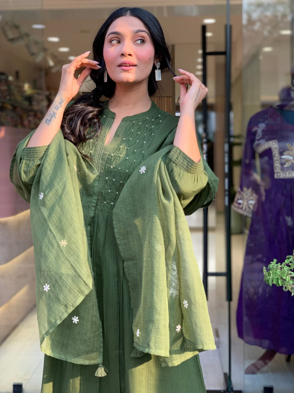 Olive Green Cotton Blend Embroidered Kurta With Pant & Dupatta Set