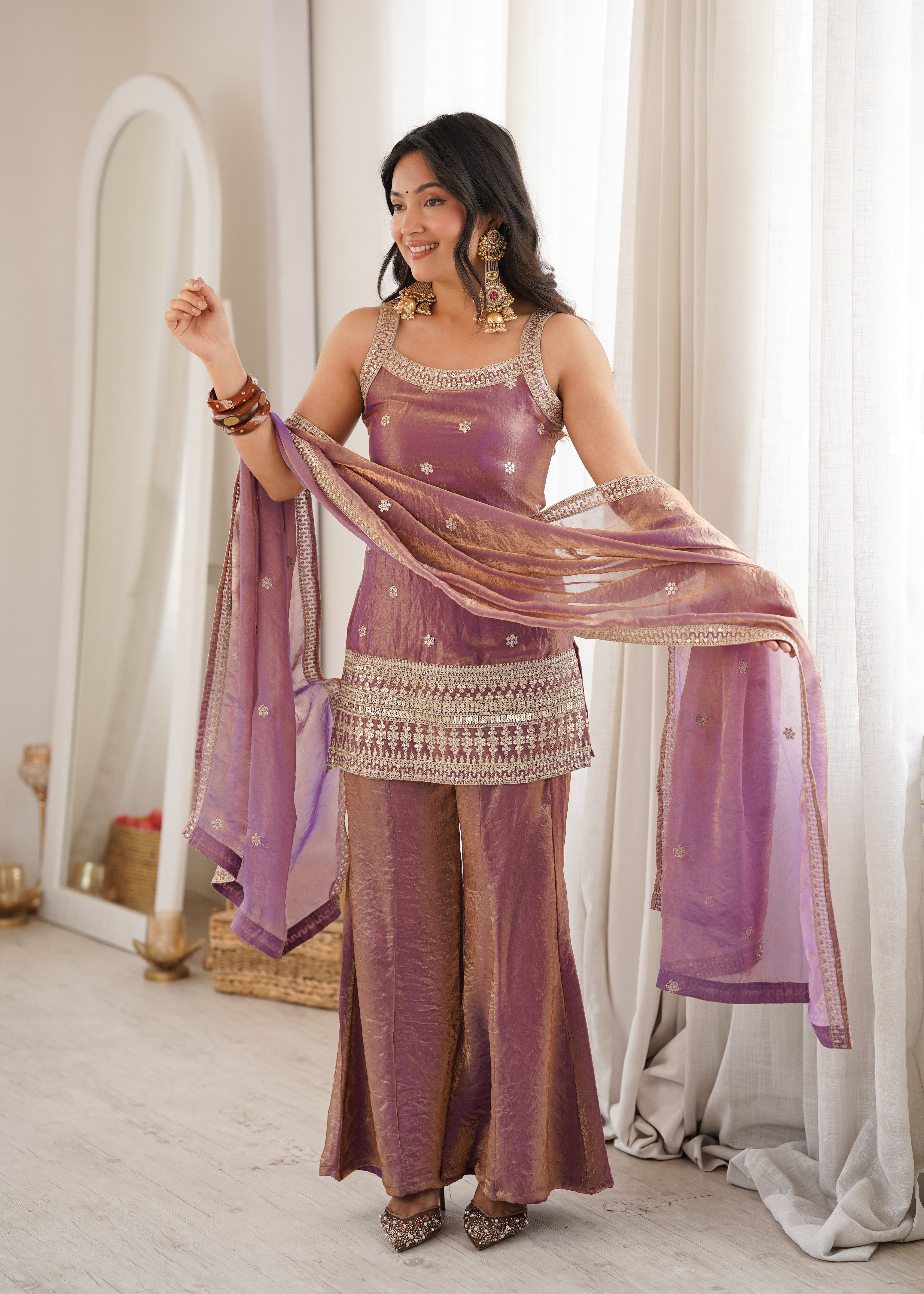 Royal Mauve Silk Embroidered Sharara Suit with Fancy Lace Border