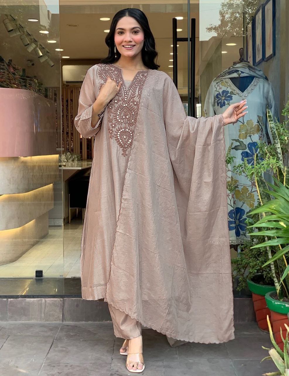 Light Beige Embroidered Kurta Set