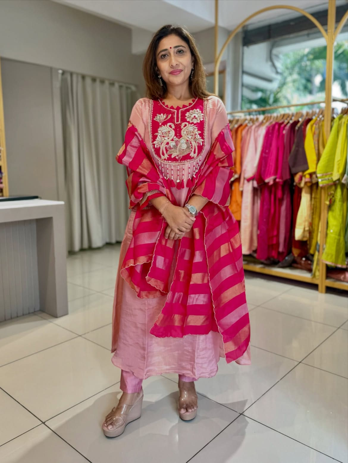 Elegant Pink Chanderi Silk Suit Set with Intricate Peacock Embroidery