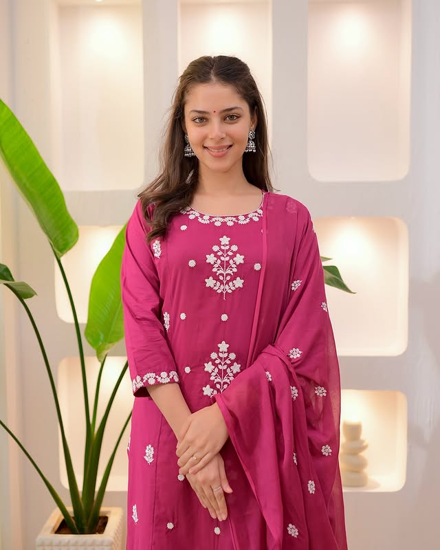Magenta Pink Embroidered Kurta Pant Set with Dupatta