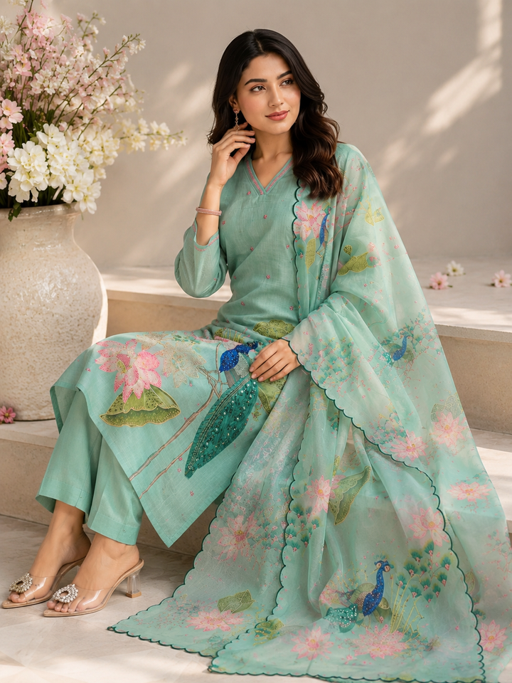 Mint Green Peacock Floral Printed Kurta Pant Dupatta Set for Women