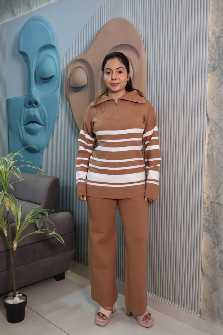 Woolen Knit Co-Ord Set with Striped High Neck To (brown)