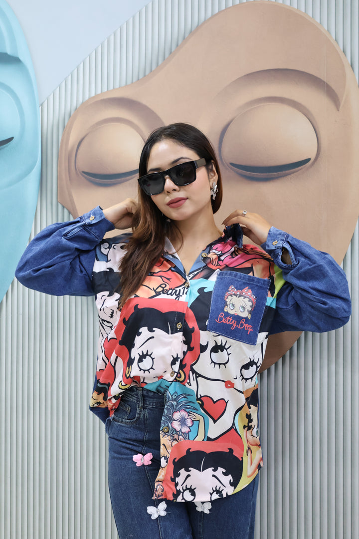Cartoon rubber Print Denim Patch Shirt