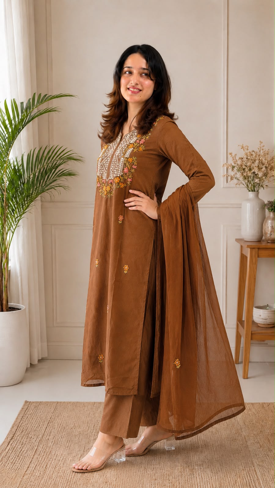 Coffee Brown Embroidered Straight Kurta with Pants & Dupatta Set (3-Piece)