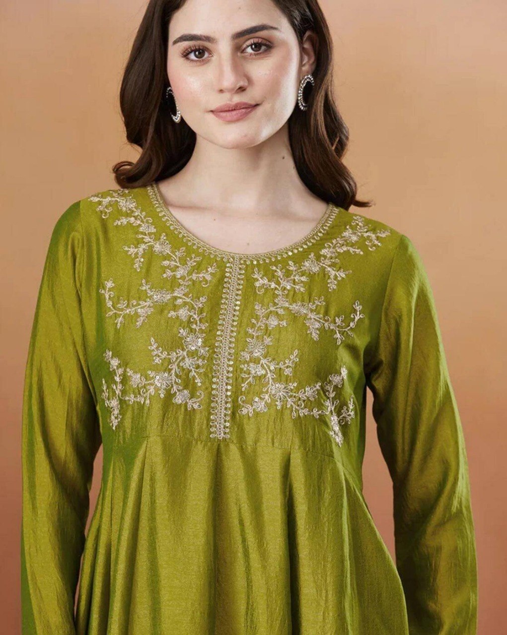 Elegant Olive Green Silk Blend Embroidered Anarkali Kurta Set with Trousers & Dupatta