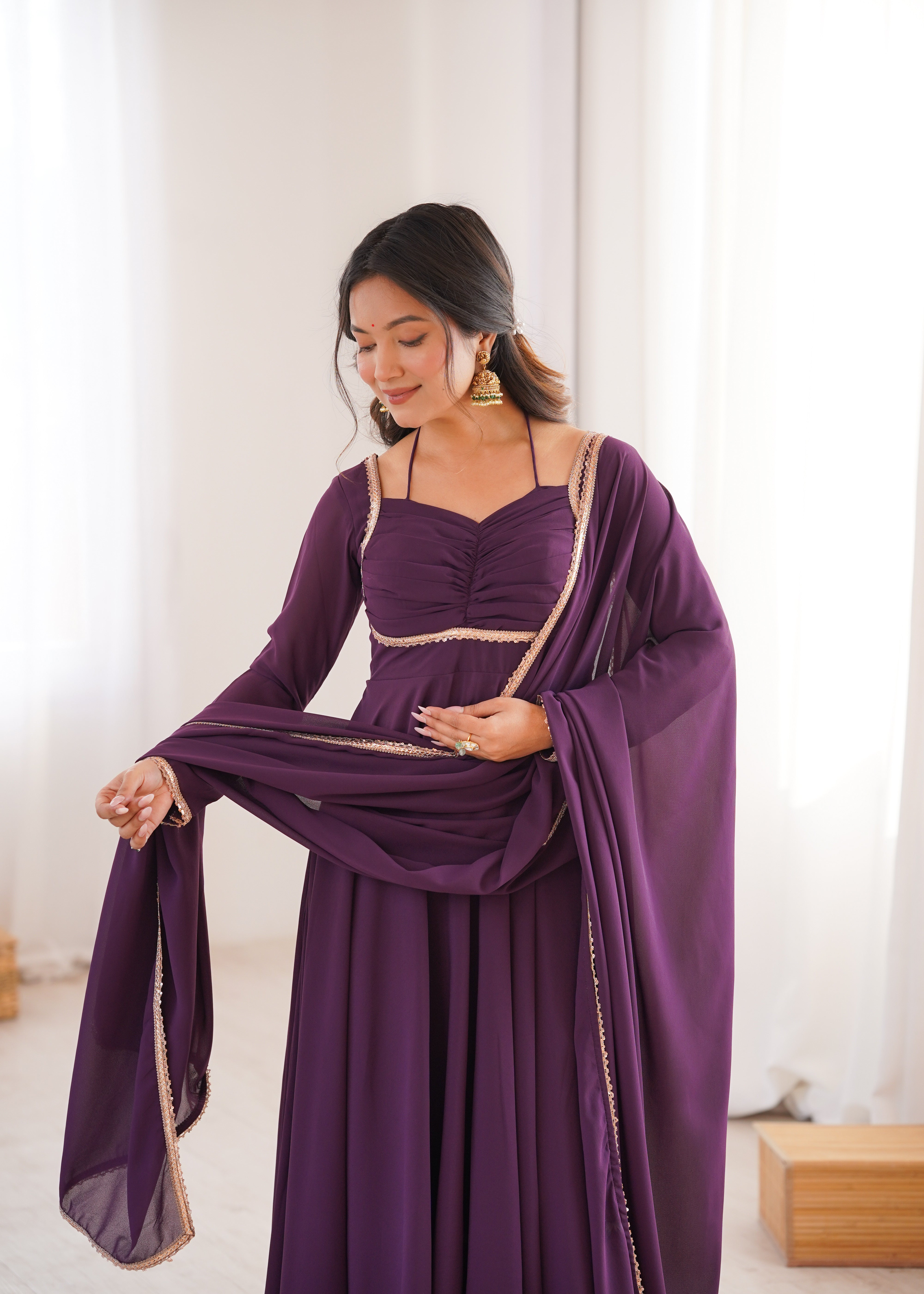 Wine Pure Fox Blooming Georgette Anarkali Dress With Dupatta