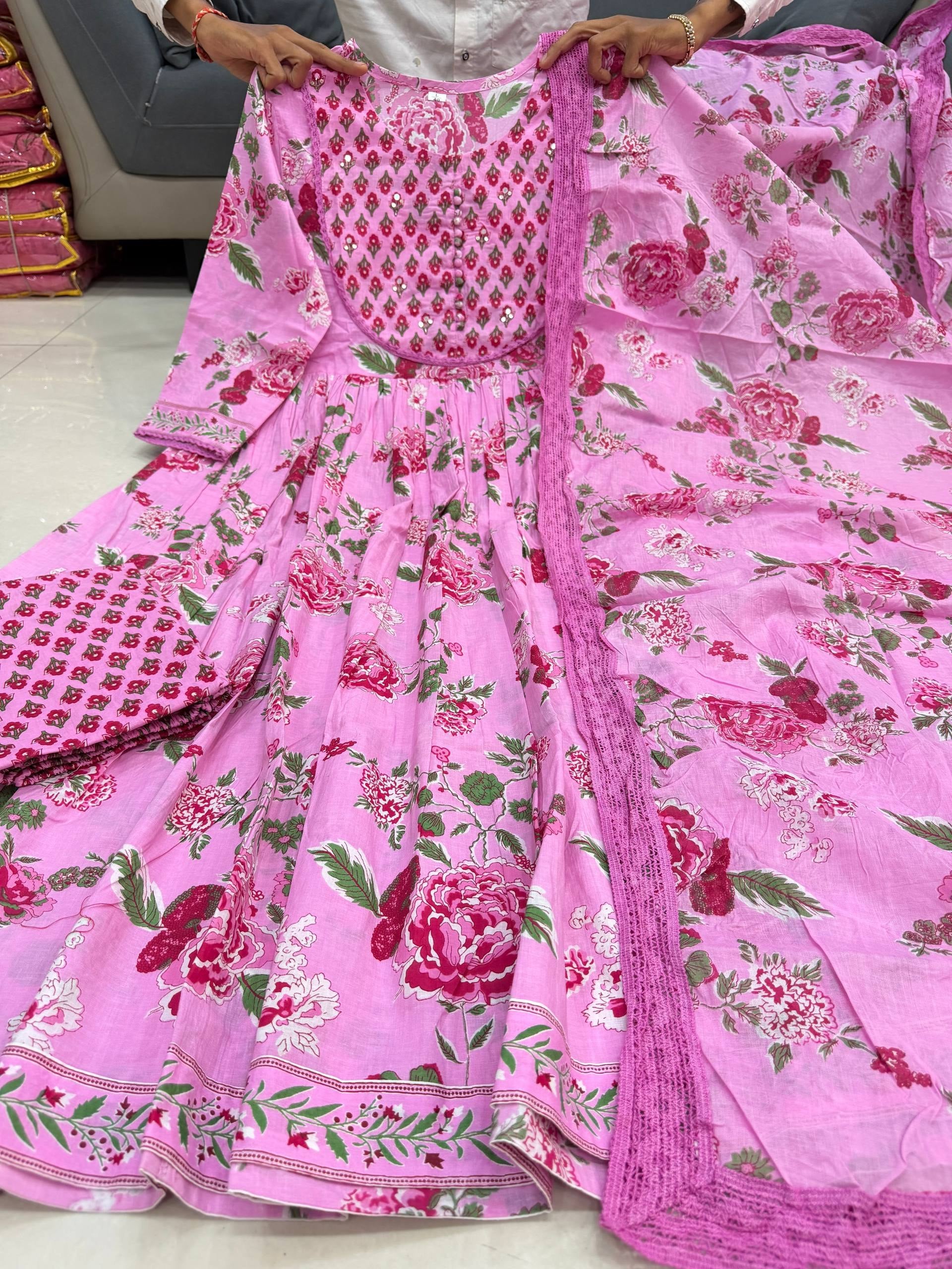 Premium Pink Floral Jaipuri Cotton 6060 Flared Anarkali Suit Set with Pant & Dupatta