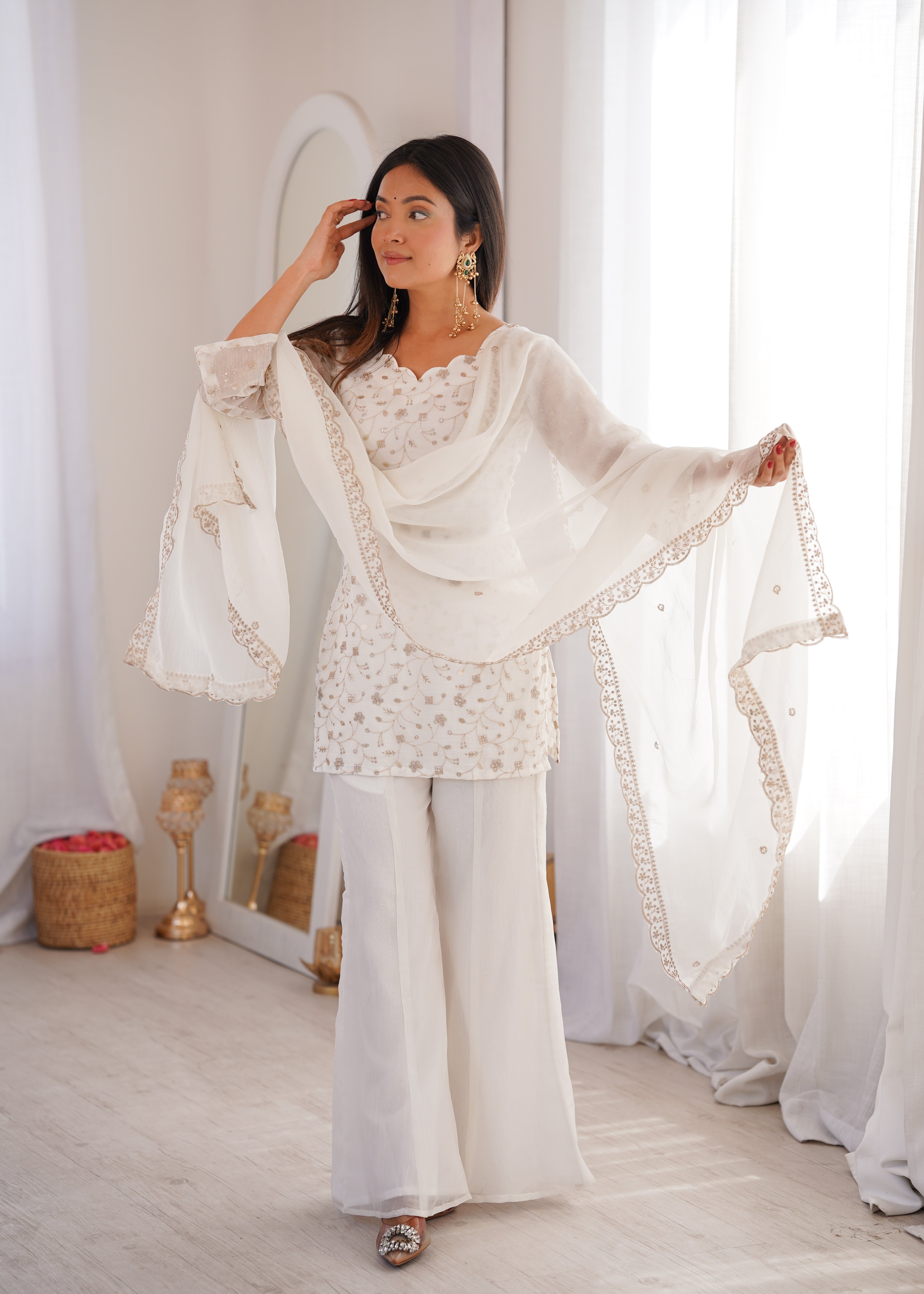White Color Crunchy Silk Zari Sequince Embroidered Work Anarkali Set Full Stitched.
