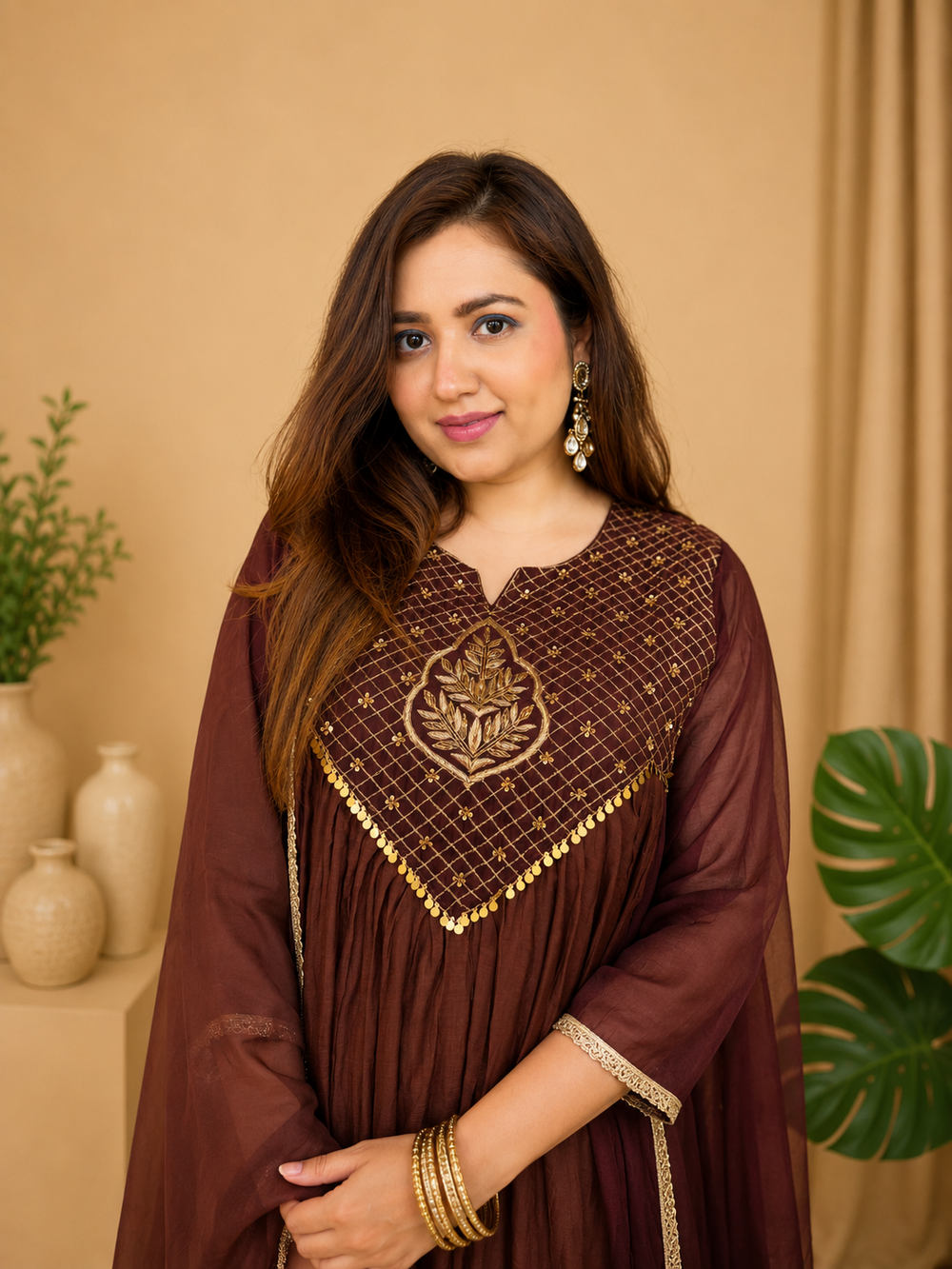 Premium Pure Mul Chanderi Festive Anarkali Suit Set in Espresso Brown