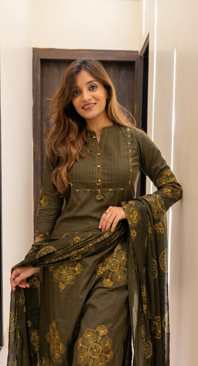 Jaipuri Cotton Olive Green Printed Anarkali Kurta Pant & Dupatta Set