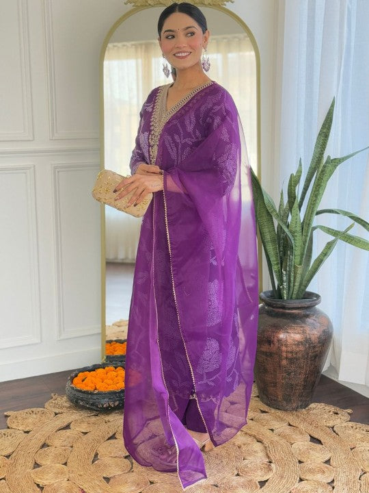 Purple Rayon Kurta Set with Chanderi Dupatta