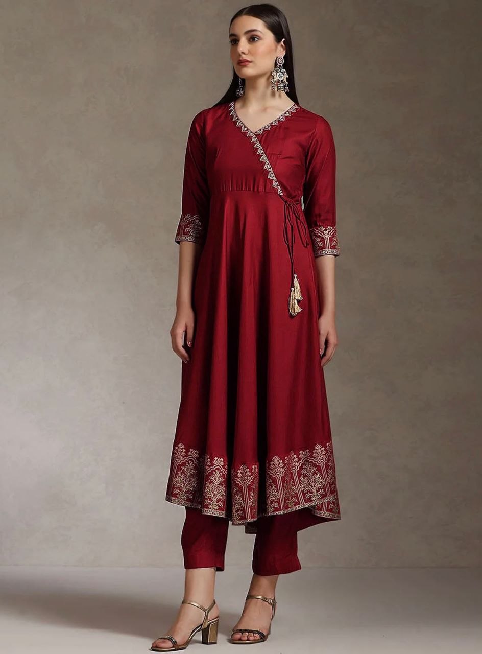 Maroon Anarkali Kurta Set with Zari Border Dupatta & Pants