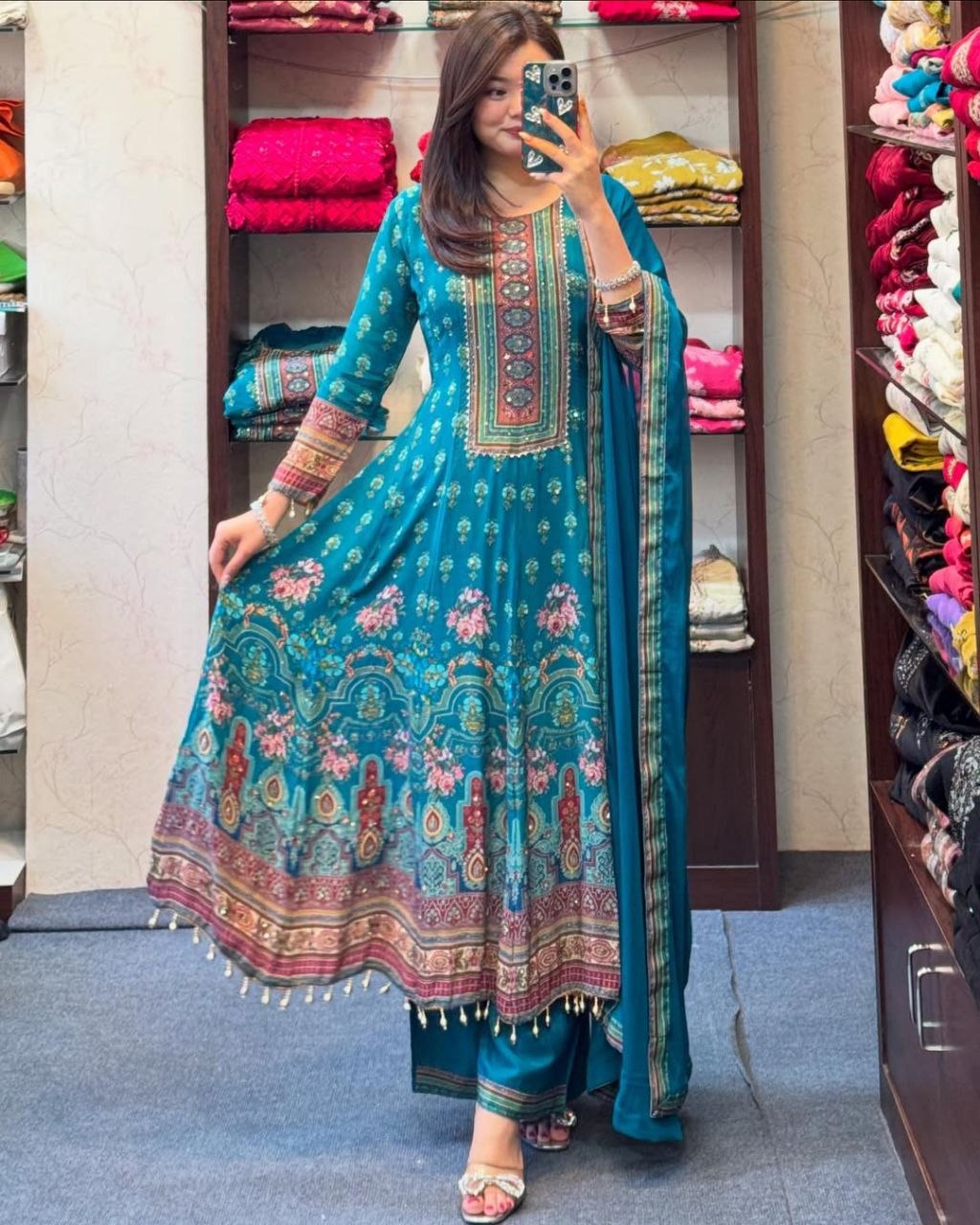 Teal Blue Floral Printed Anarkali Suit with Dupatta