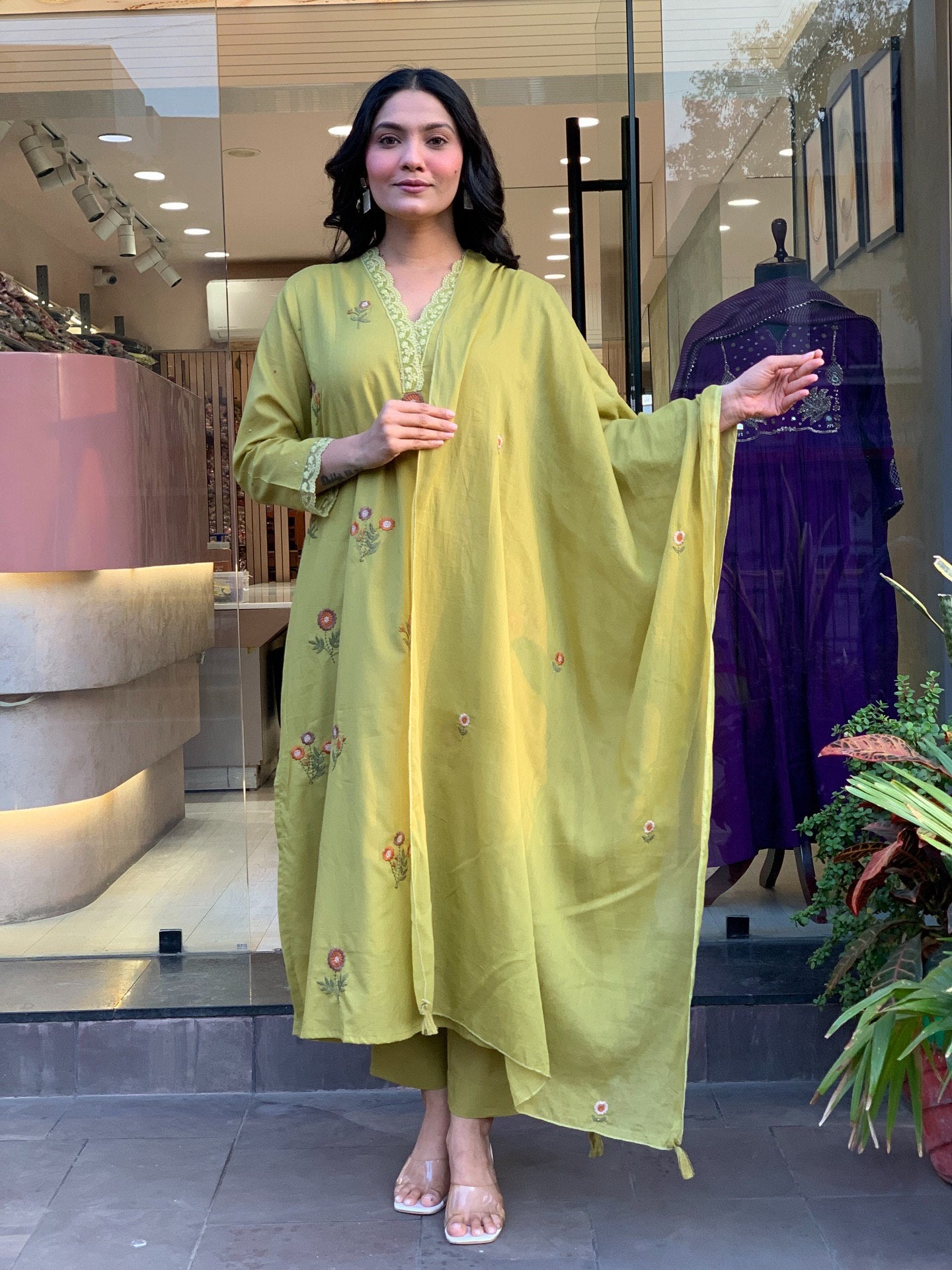 Pista Floral Embroidered Chanderi Kurta Set with Dupatta