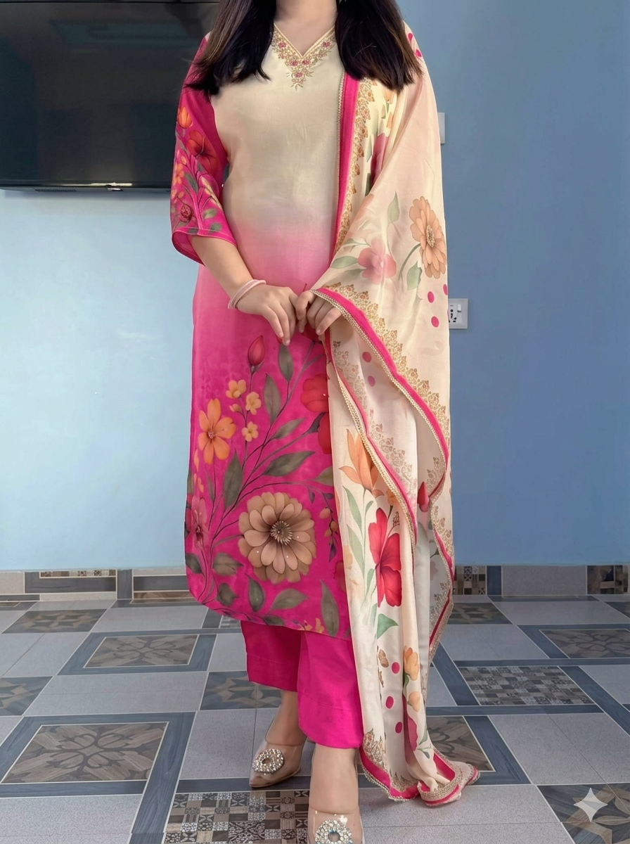 Pink Ombre Floral Print Ethnic Kurta Pant Dupatta Set