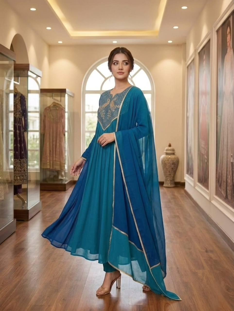 Peacock Embroidered Teal Blue Anarkali Kurta Set with Dupatta