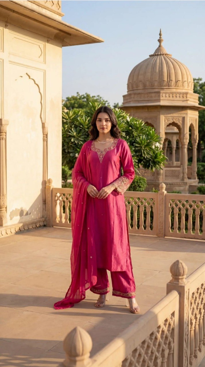 Fuchsia Pink Silk Blend Ethnic Motifs Embroidered Festive Suit Set (Set of 3)