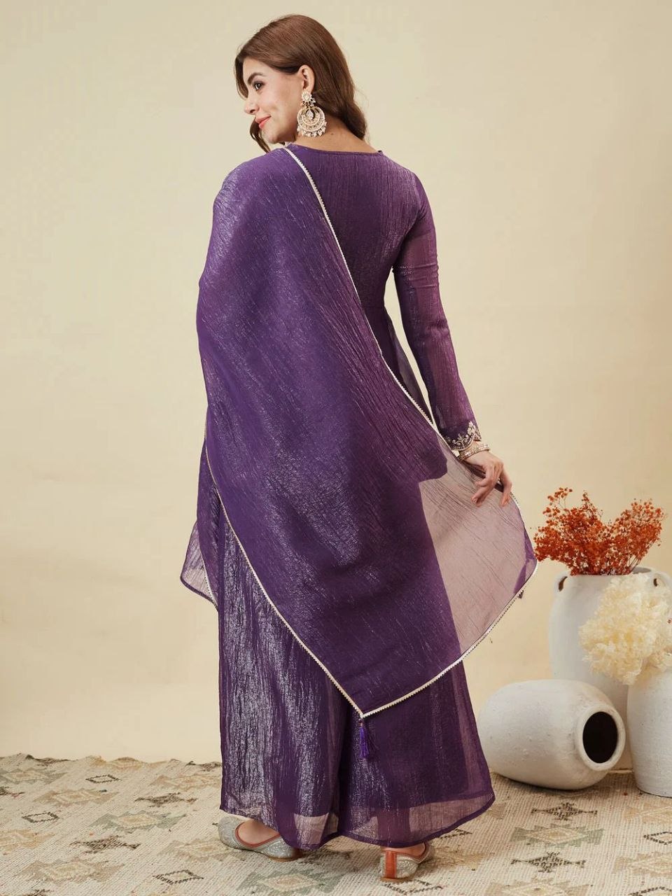 Purple Embroidered Kurta Palazzo Set with Dupatta