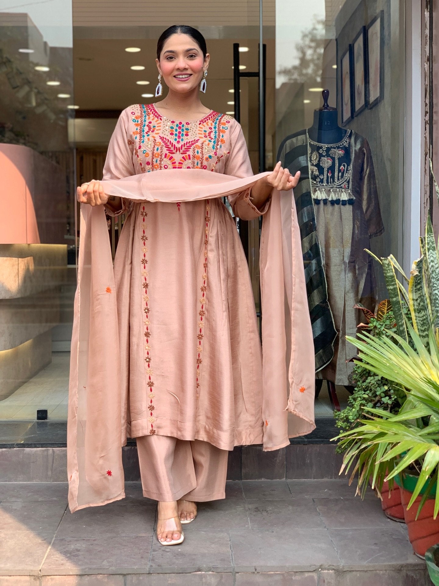 Elegant Peach Embroidered Anarkali Kurta Pant Set with Dupatta