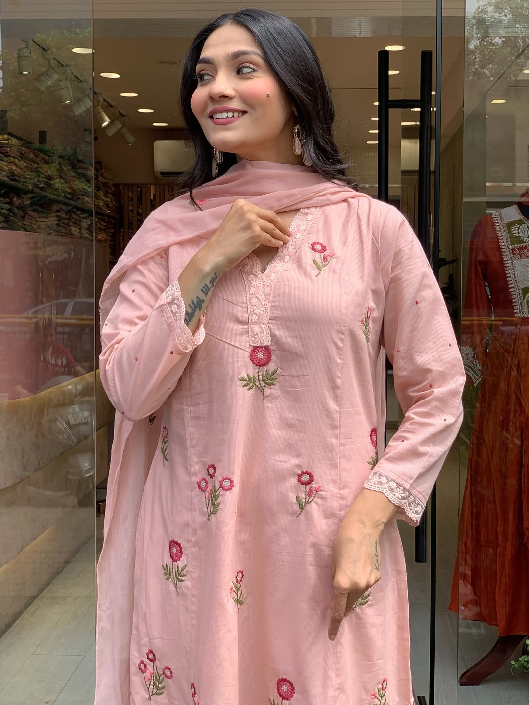 Blush Pink Floral Embroidered Chanderi Kurta Set with Dupatta