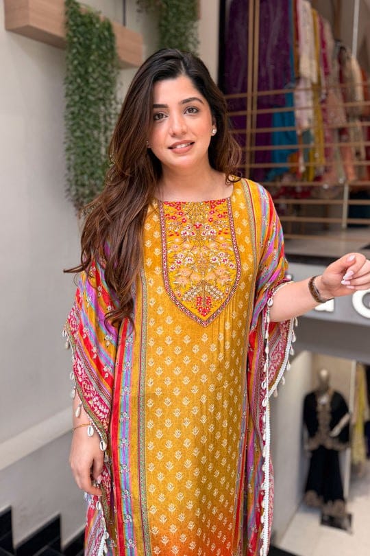 Yellow Mustard Printed Kaftan  Kurti Set with Beads Work & Pants