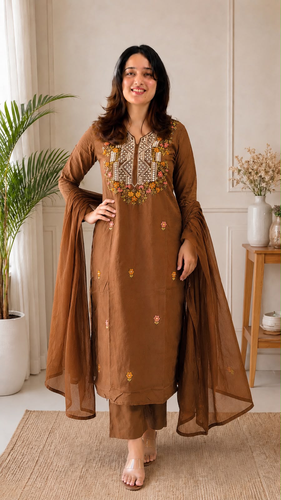 Coffee Brown Embroidered Straight Kurta with Pants & Dupatta Set (3-Piece)
