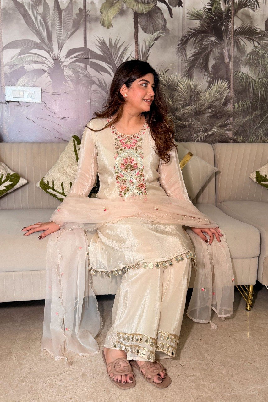 Elegant Off-White Thread Work Kurta Set with Palazzo and  Dupatta