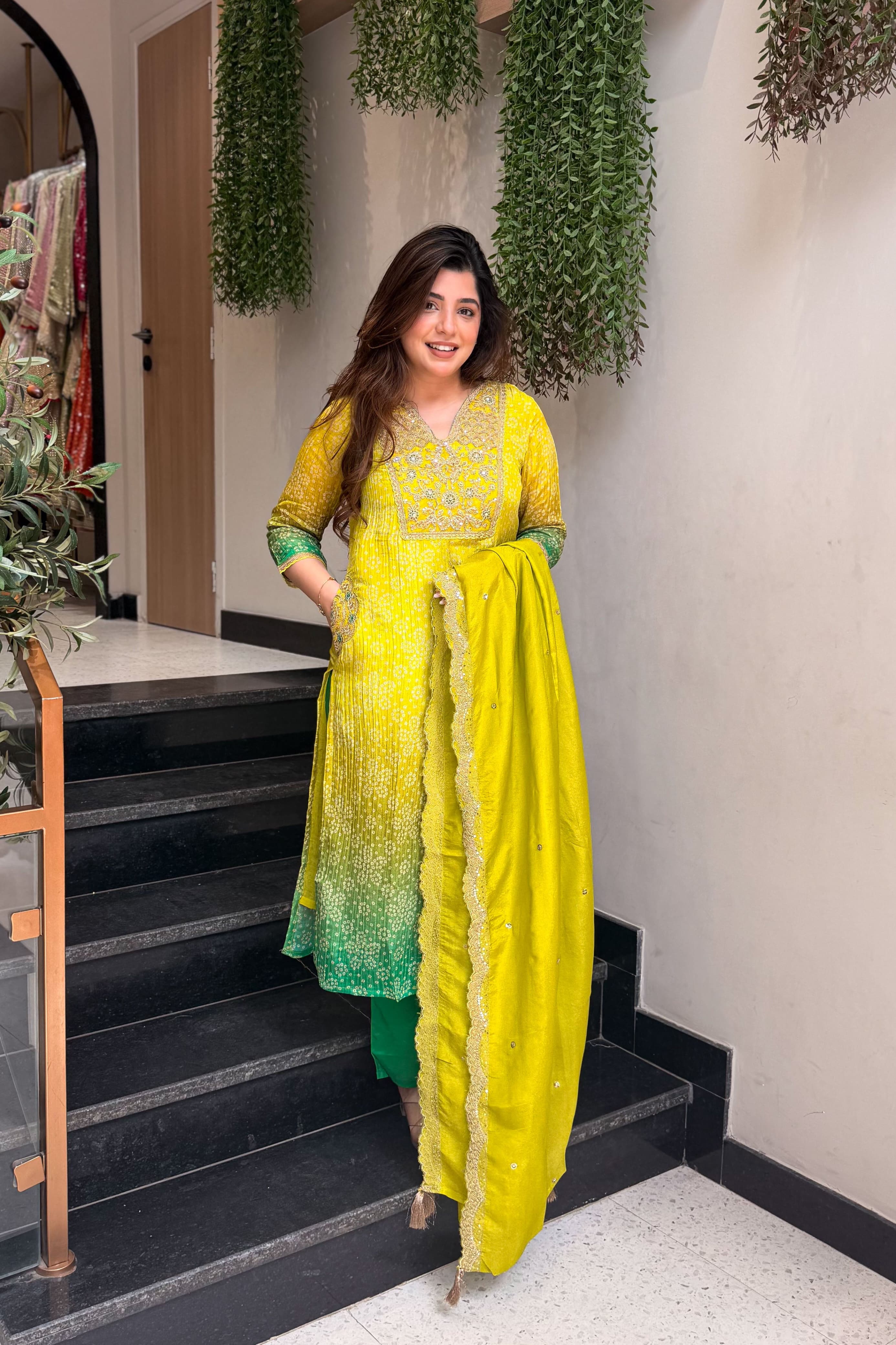 Lime Green Bandhani Print Premium Silk Suit Set