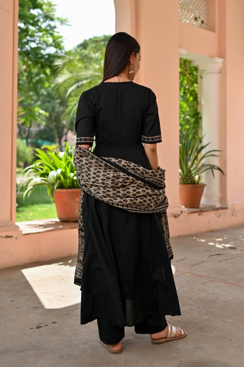 Elegant Black Angrakha Kurta Set with Block Print Dupatta