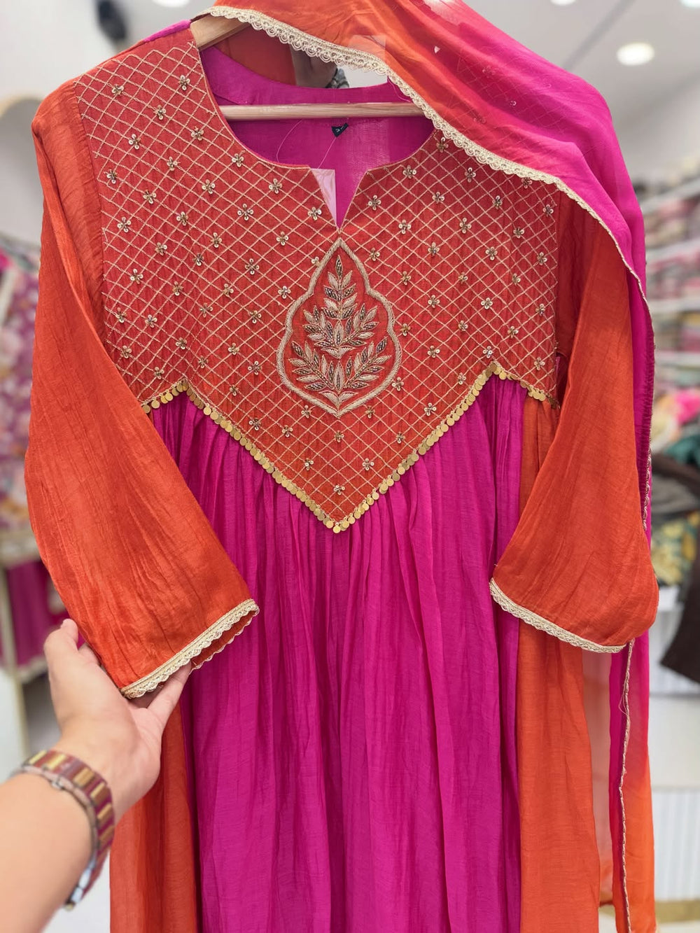 Orange & Pink Embroidered Anarkali Suit Set for Women