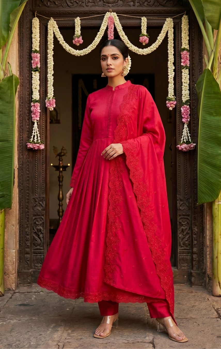 Elegant Wine Red Anarkali Suit Set with Dupatta