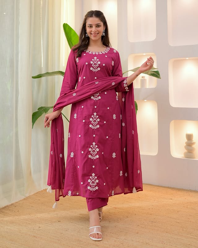 Magenta Pink Embroidered Kurta Pant Set with Dupatta