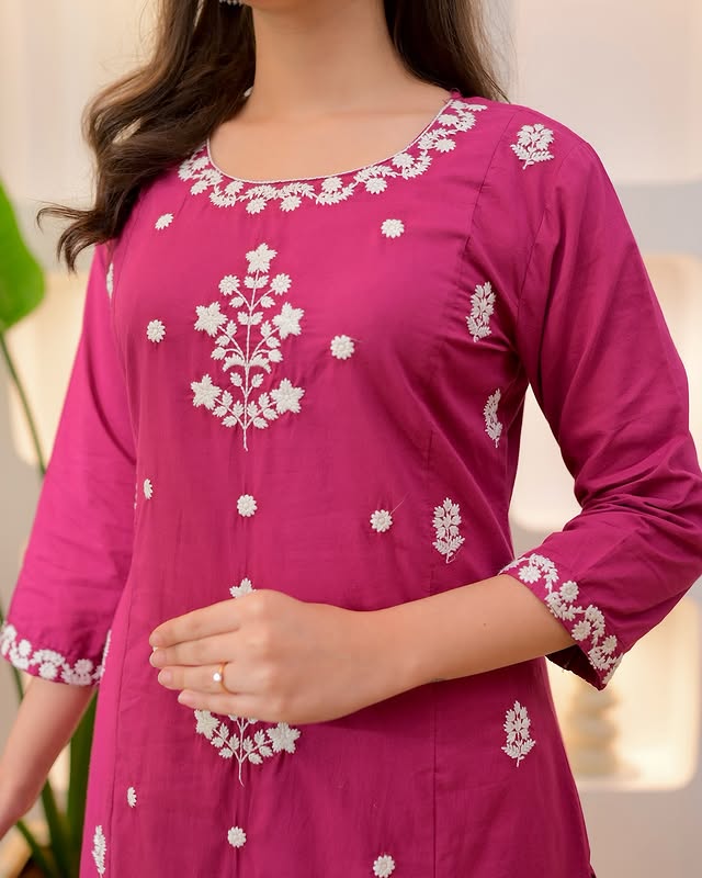 Magenta Pink Embroidered Kurta Pant Set with Dupatta