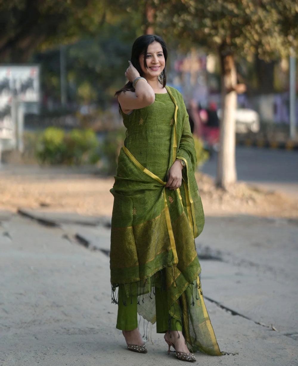 Classic Olive Green Straight Kurta Pant Set with Dupatta