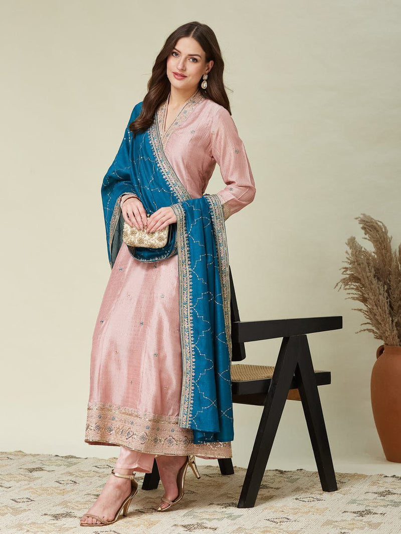 Blush Pink Embroidered Anarkali Kurta Set with Teal Blue Dupatta