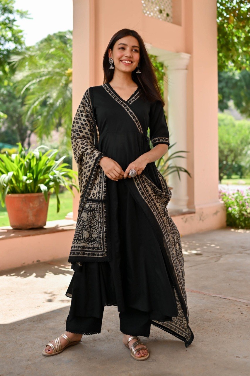 Elegant Black Angrakha Kurta Set with Block Print Dupatta