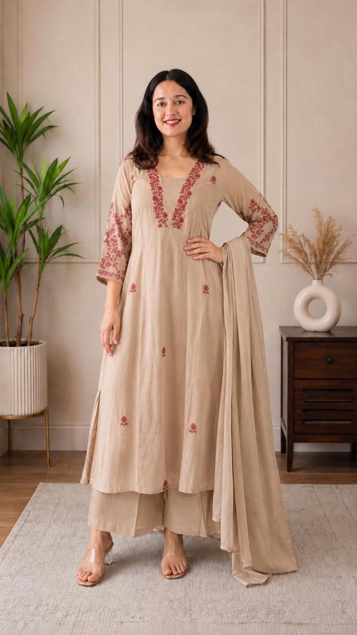 Beige Floral Embroidered Cotton Anarkali Kurta with Palazzo & Dupatta Set