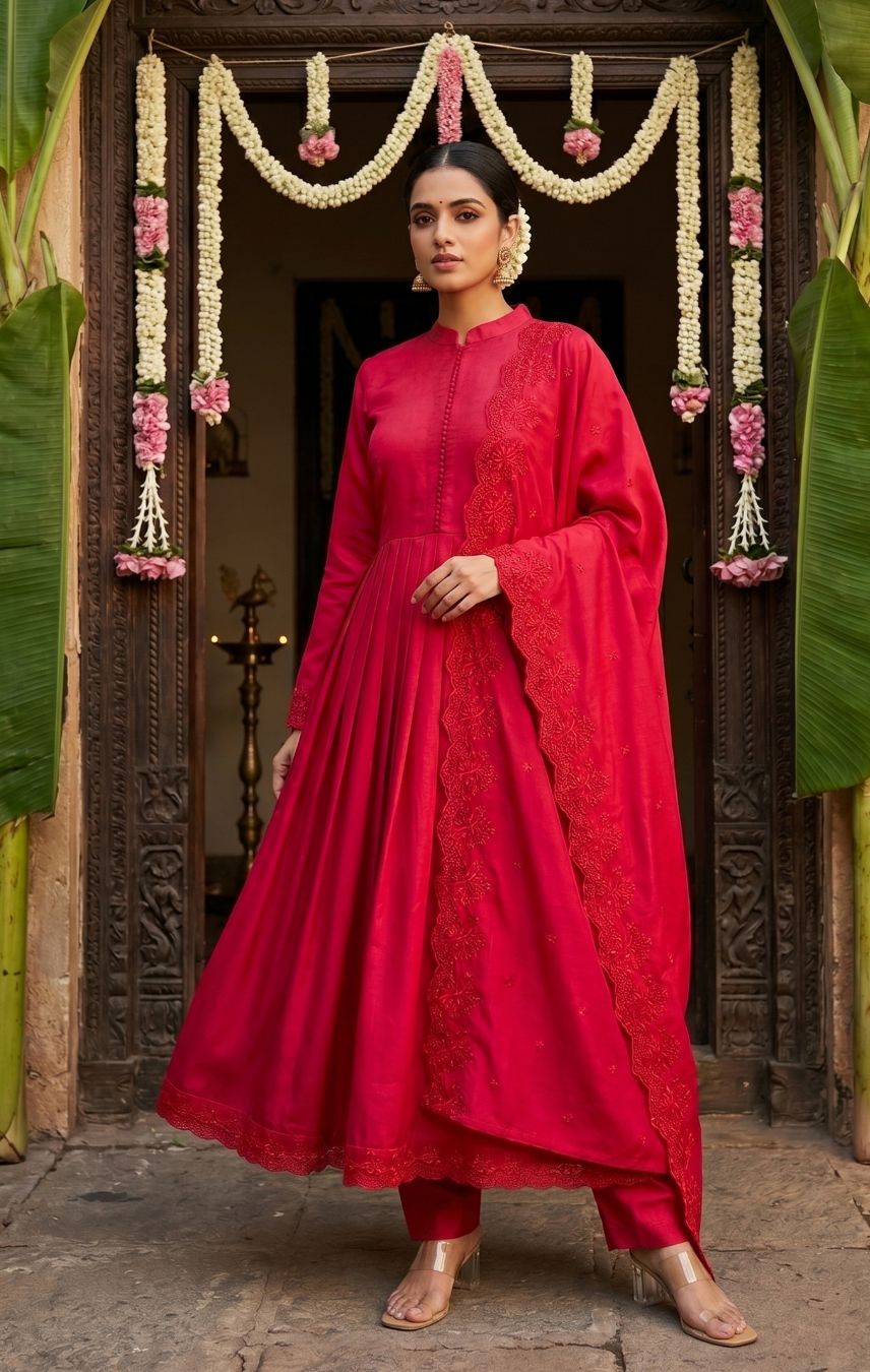 Elegant Wine Red Anarkali Suit Set with Dupatta