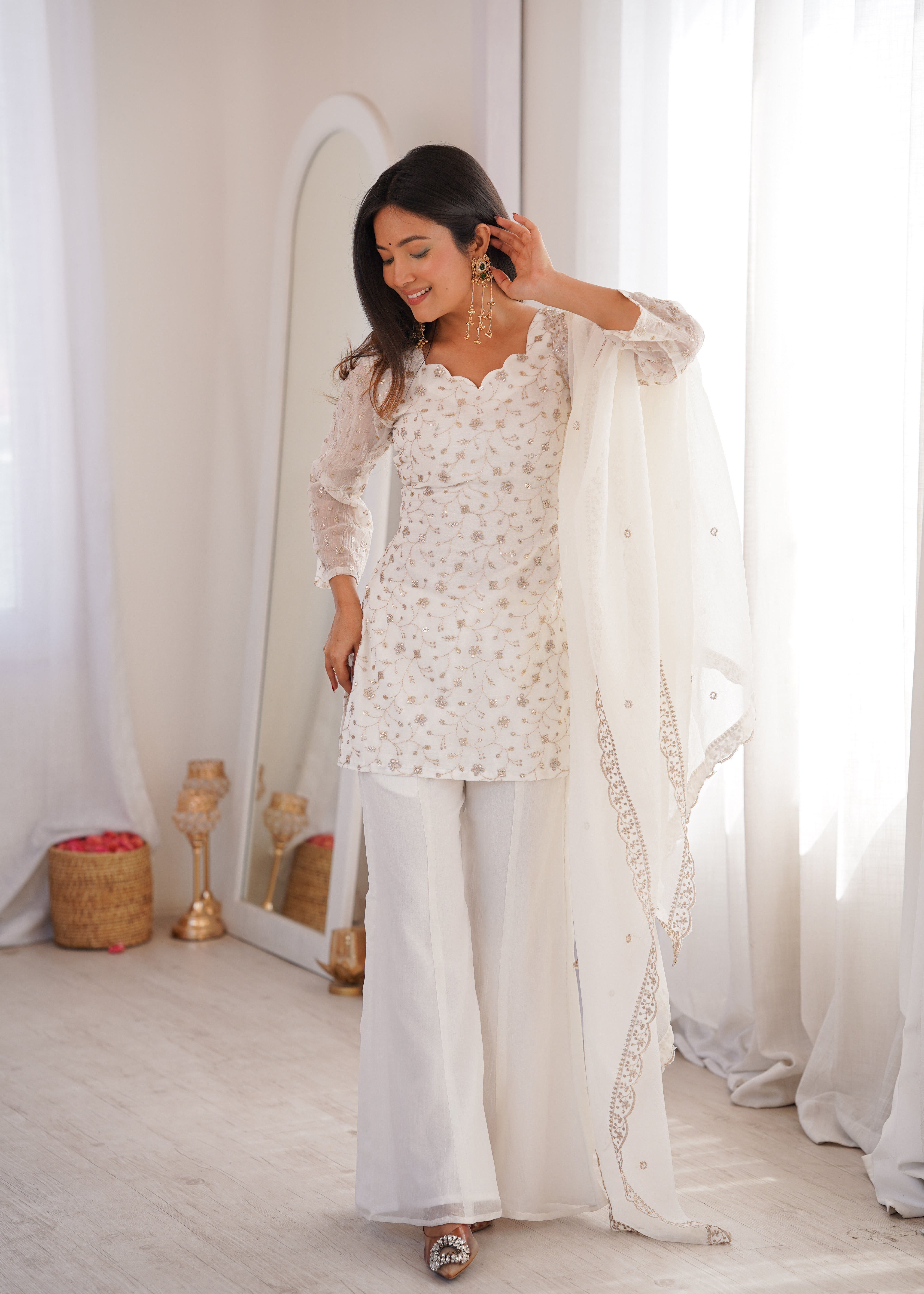 White Color Crunchy Silk Zari Sequince Embroidered Work Anarkali Set Full Stitched.